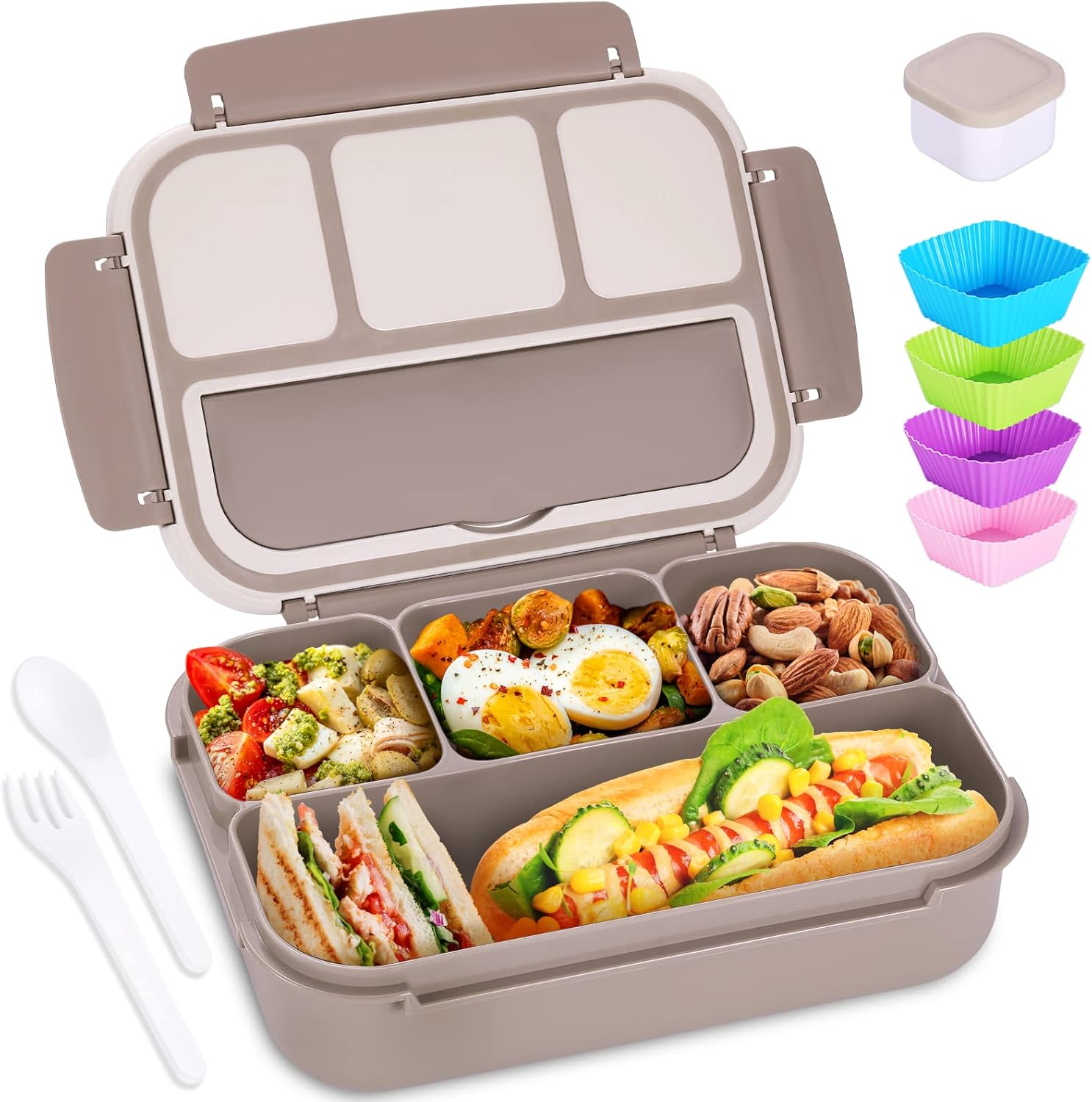 Bento Box Adult Lunch Box, Containers For Adults Men Women With 4 Compartments, Lunchable Food Container With Utensils, Sauce Jar, Muffin Liners, 40 Oz/5 Cup, Microwave & Dishwasher Safe, Brown